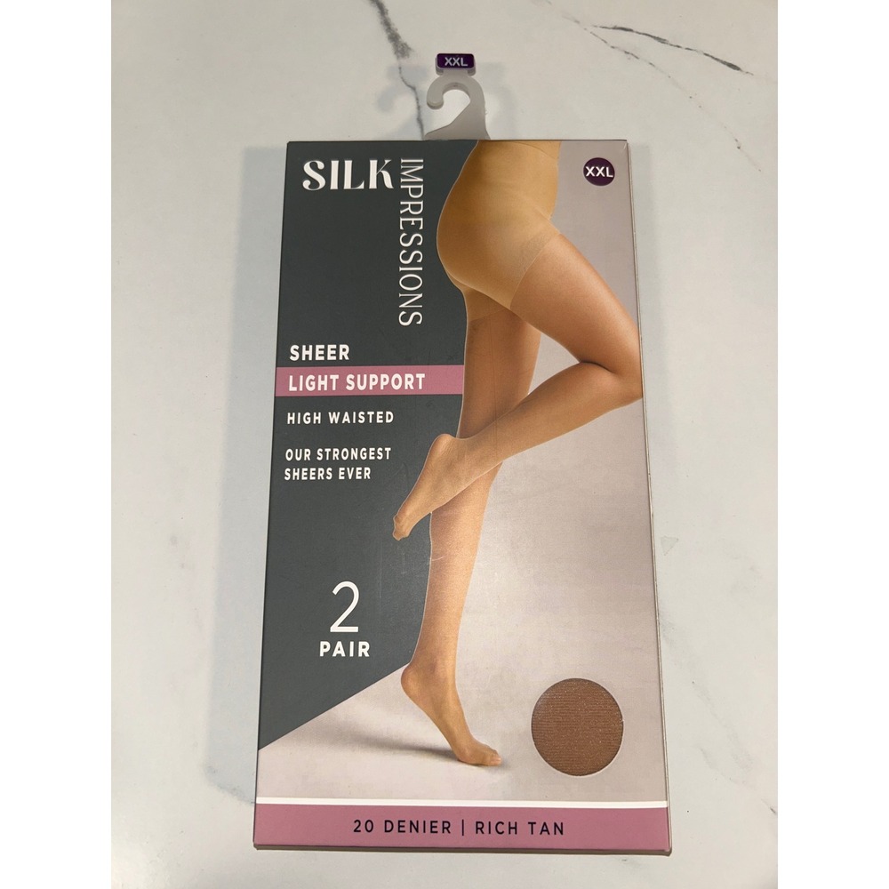 Silk Impressions Sheer Light Support High Waisted Pantyhose Rich Tan XXL 2 Pair